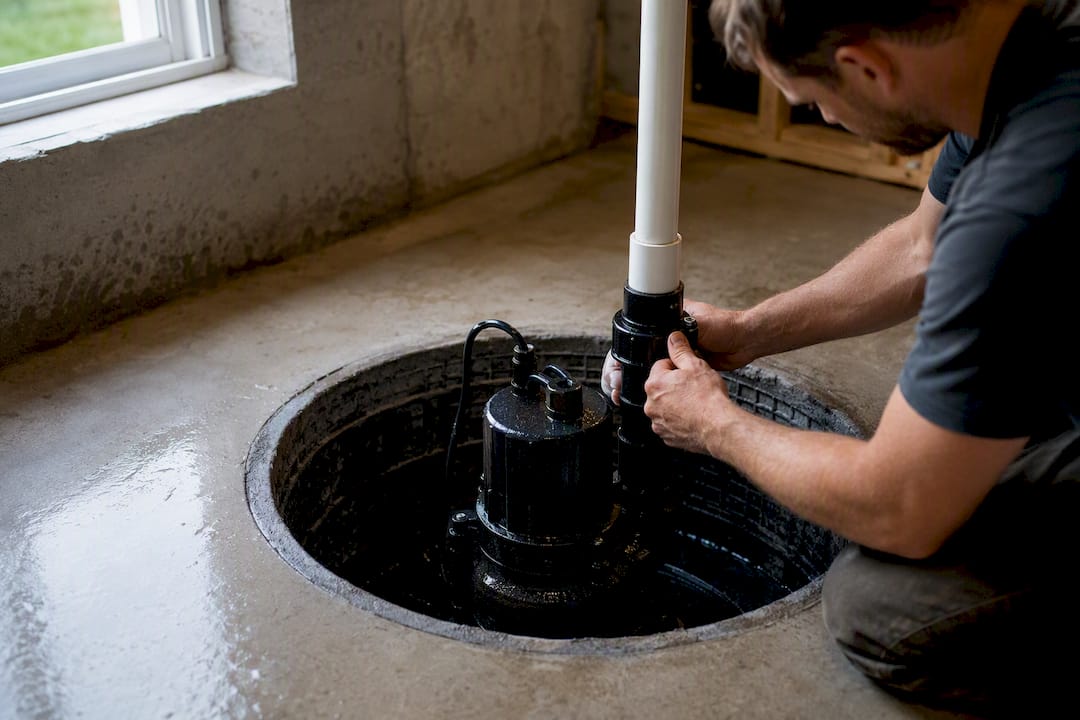 Installed sump pump in basement pit