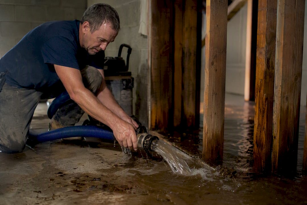 Homeowner extracting water from flooded basement floor