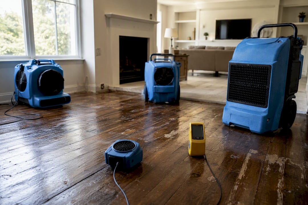 Water damage drying equipment on wooden floor