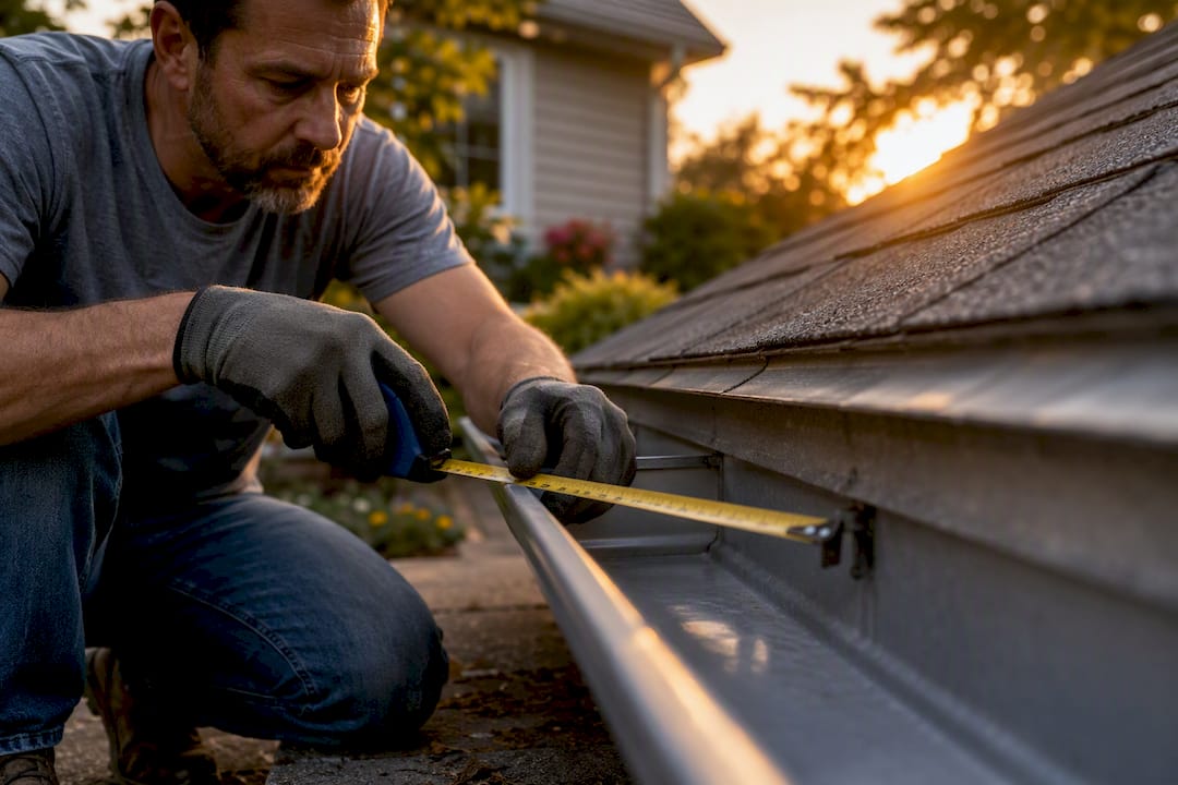 Homeowner measuring a gutter on house exterior