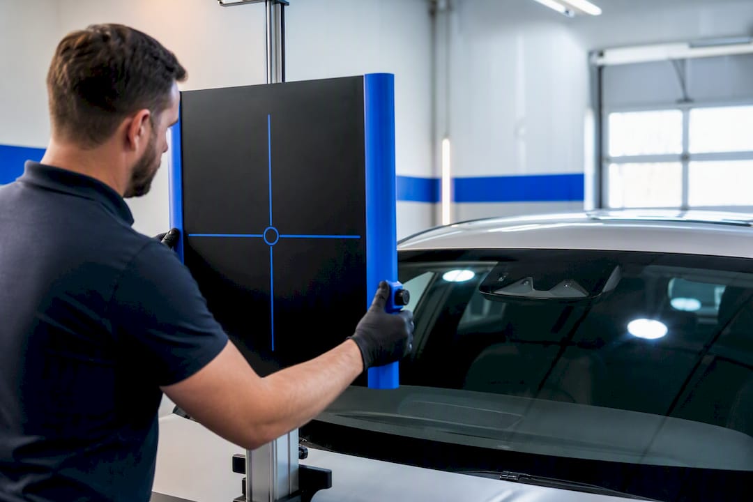Technician positioning windshield calibration target