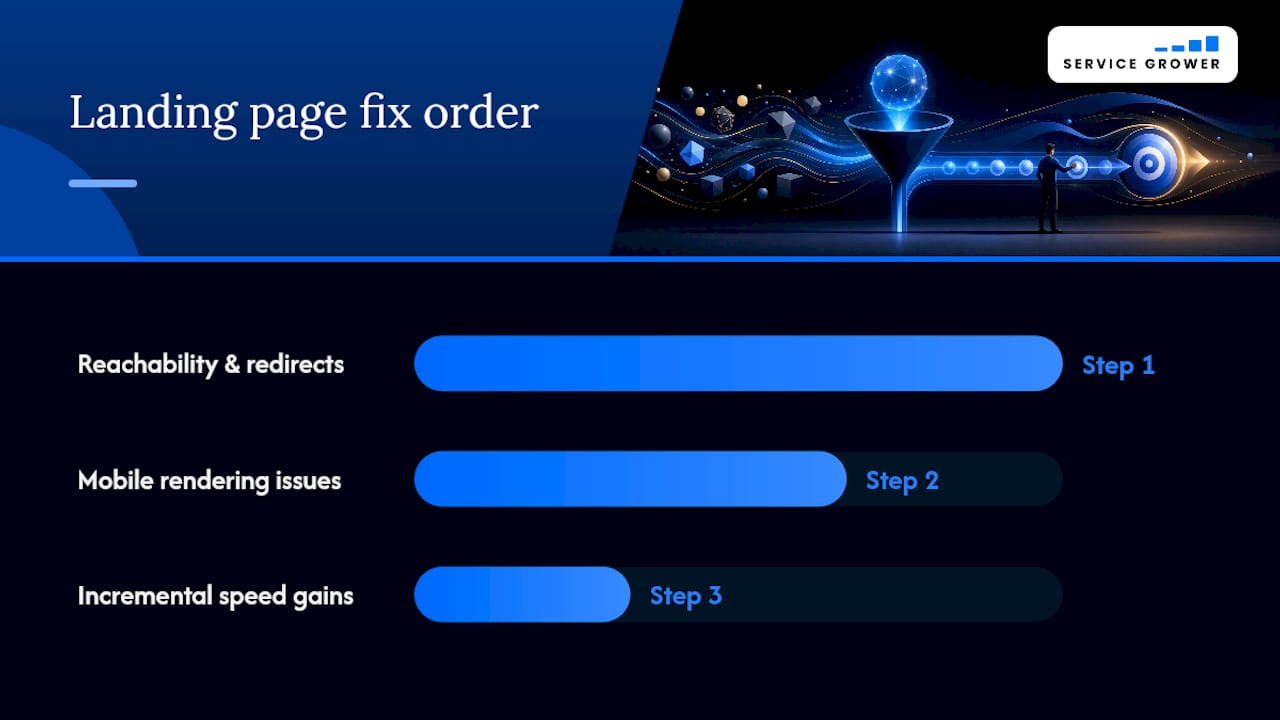 Three-step landing page diagnostic sequence
