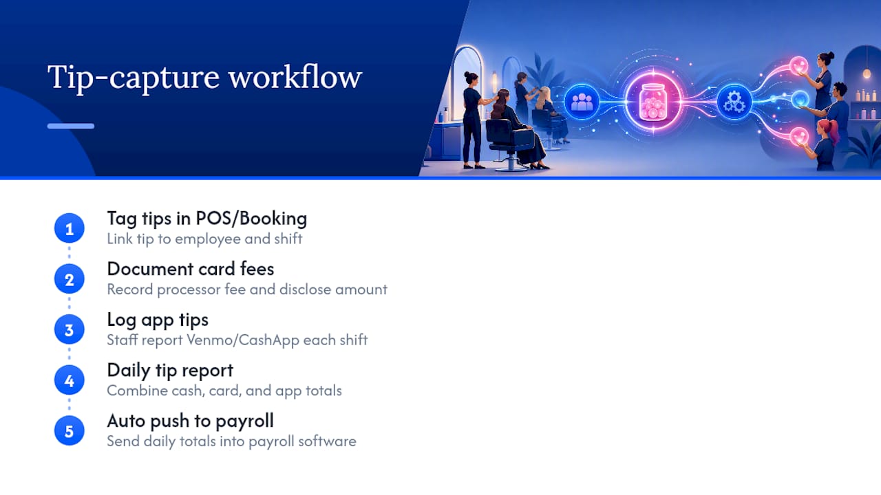 Salon tip tracking workflow from POS to payroll