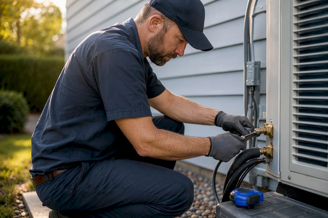 Technician connecting heat pump equipment outdoors