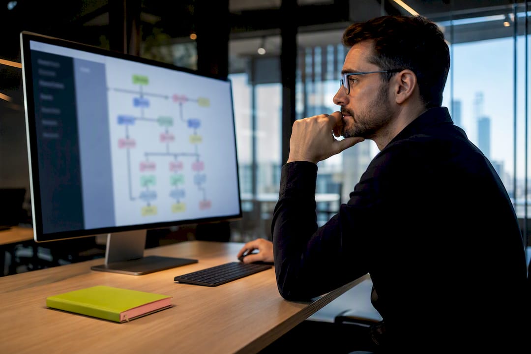 Marketer reviewing branching automation workflow