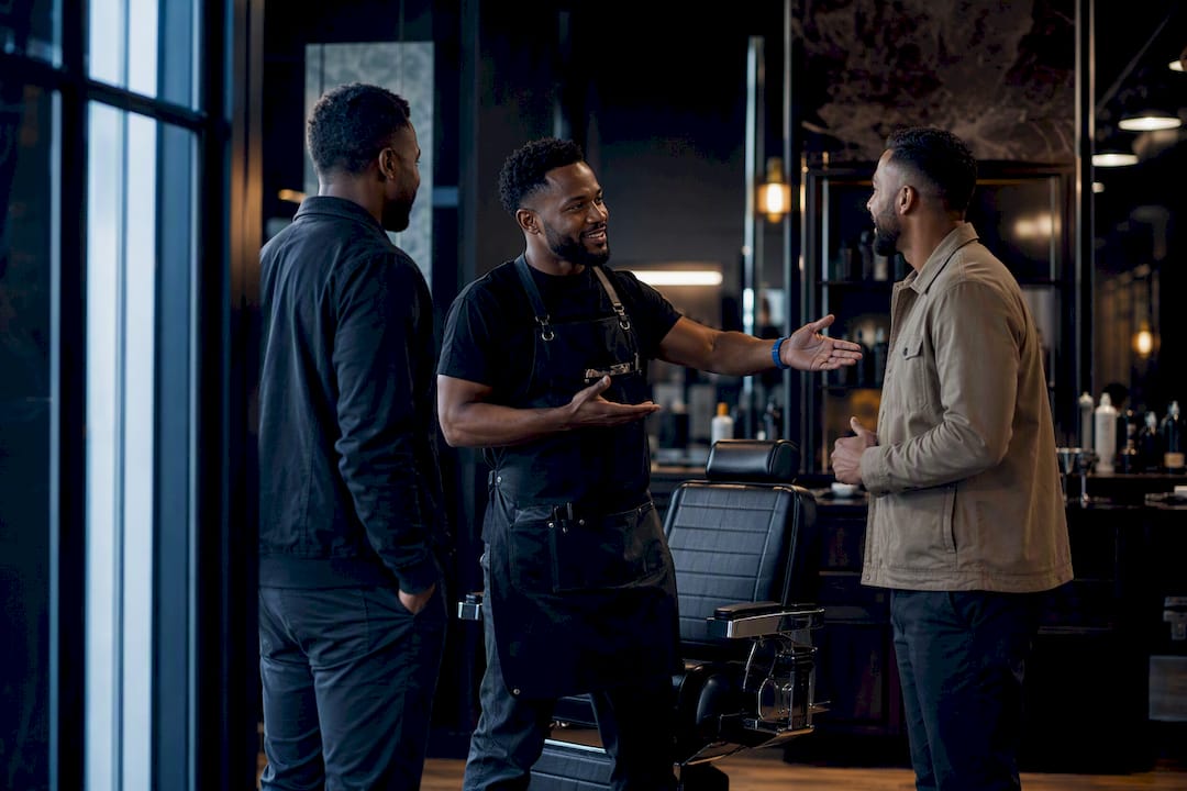 Barber discussing referral with two clients