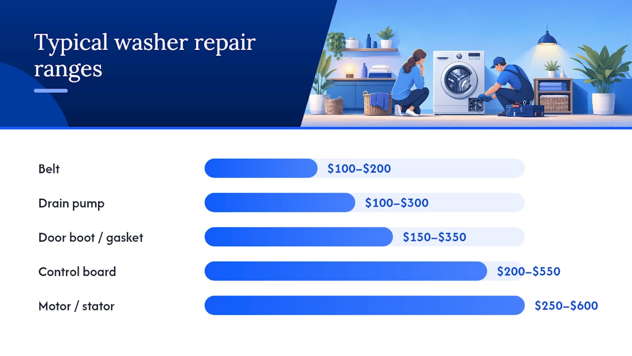 Washer parts shown across repair cost ranges