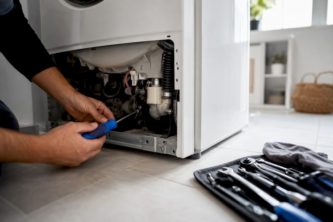 Technician inspecting washer repair components