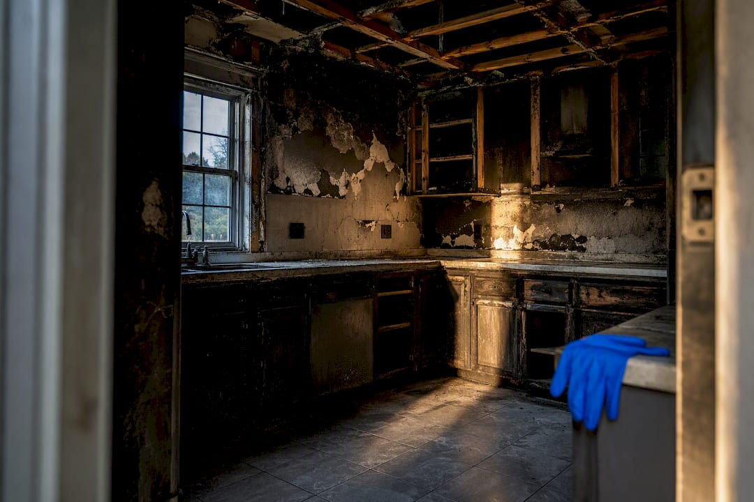 Fire damaged kitchen awaiting restoration