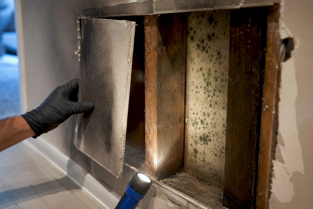 Mold growth revealed behind damaged drywall