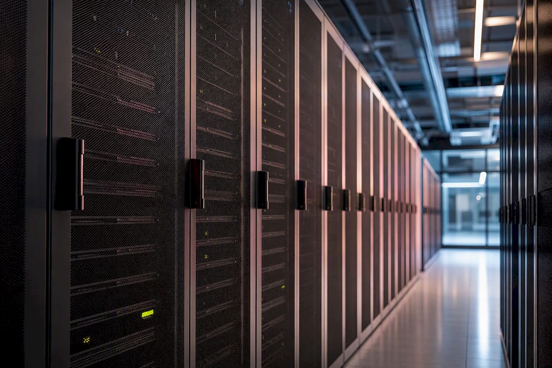 Anonymous data infrastructure aisle with server cabinets