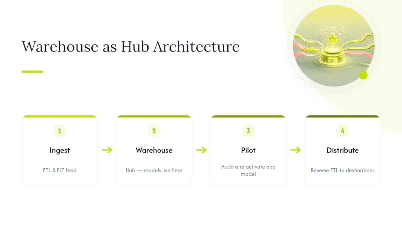 Warehouse hub connecting ETL and reverse ETL flows