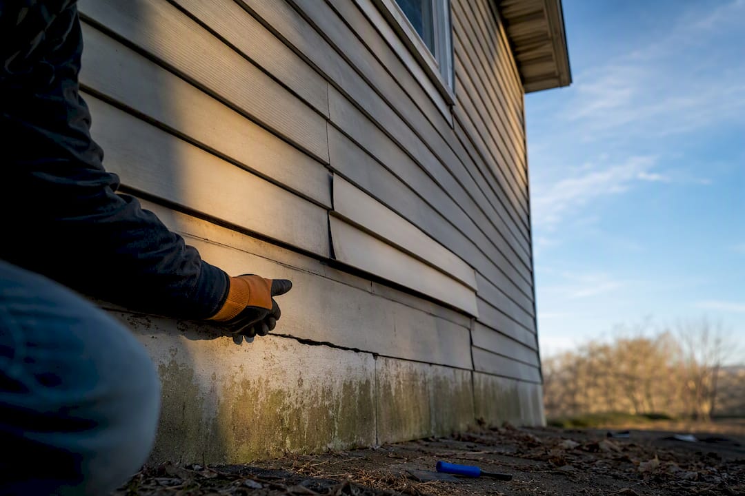 Damaged siding panel under inspection