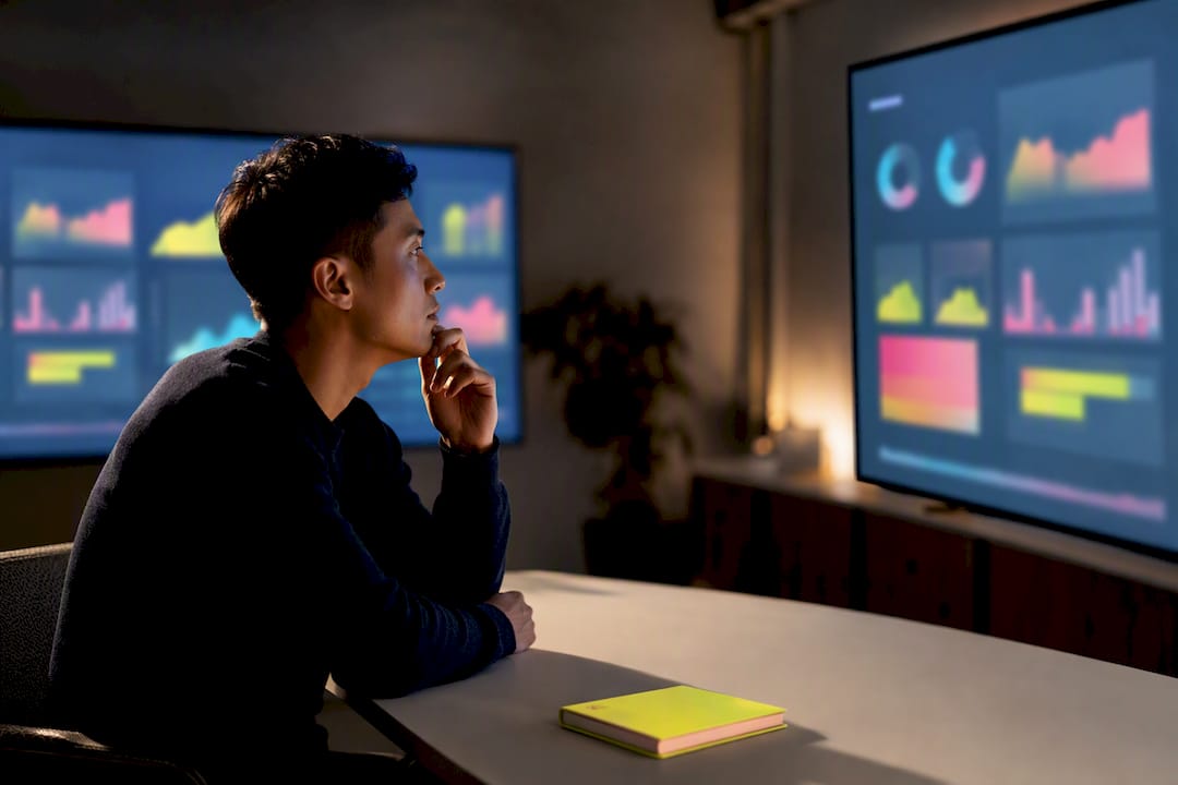 Analyst reviewing marketing dashboard displays