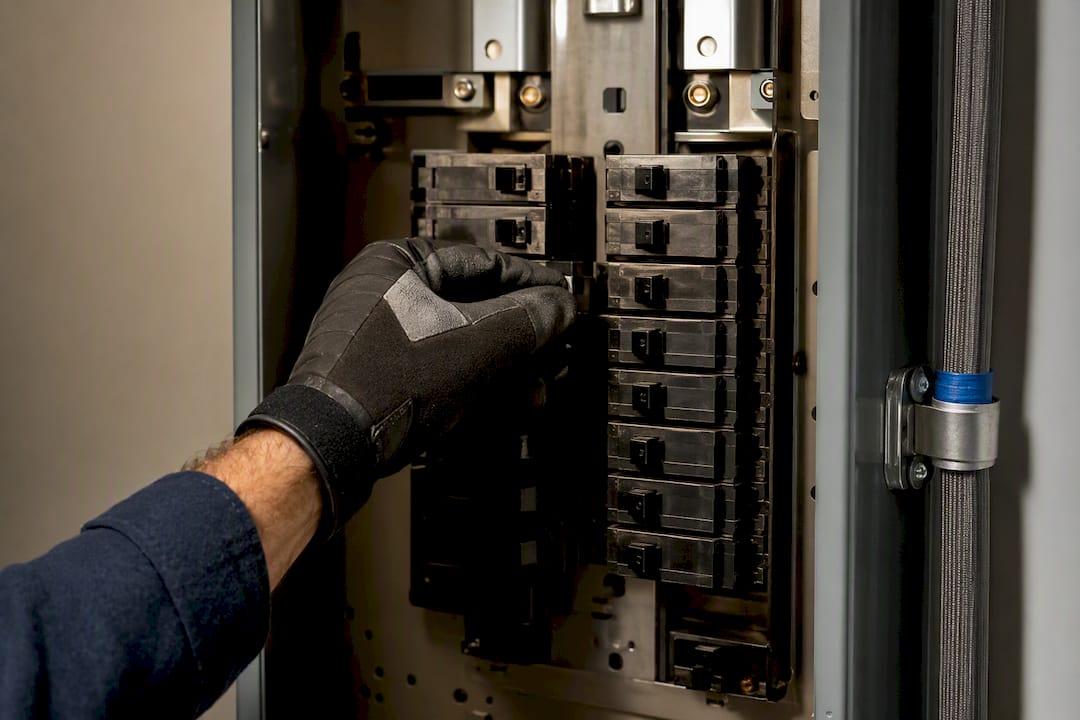 Electrician inspecting residential electrical panel