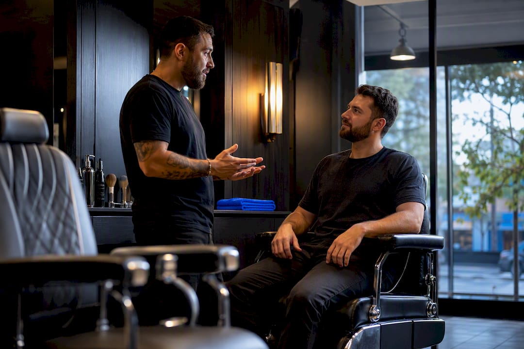 Barbershop owner discussing service prices