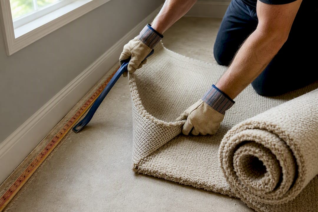 Hands removing carpet from tack strip
