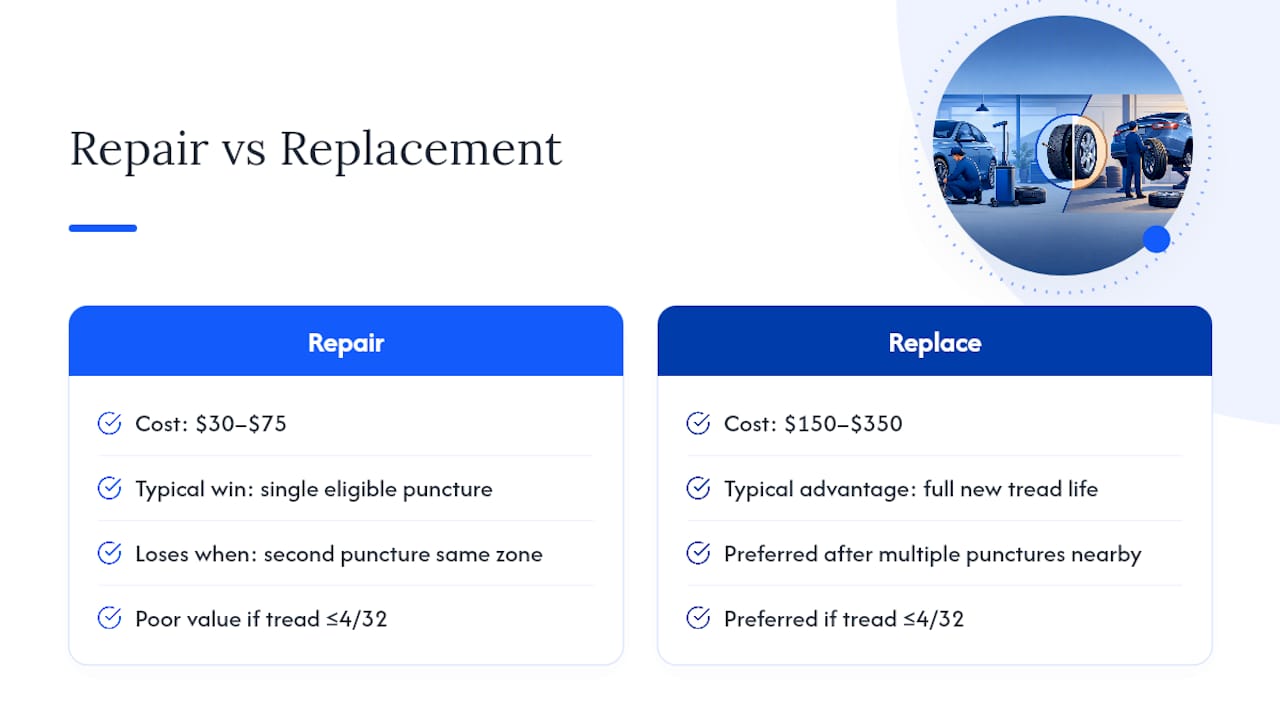 Tire repair versus replacement cost comparison