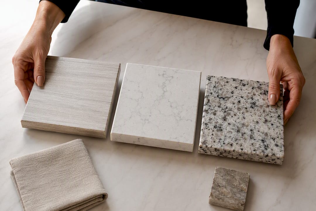 Laminate quartz and granite countertop samples