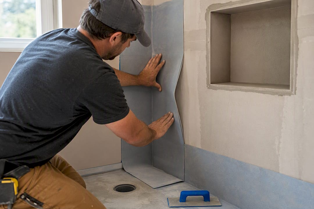 Installer applying shower waterproofing membrane