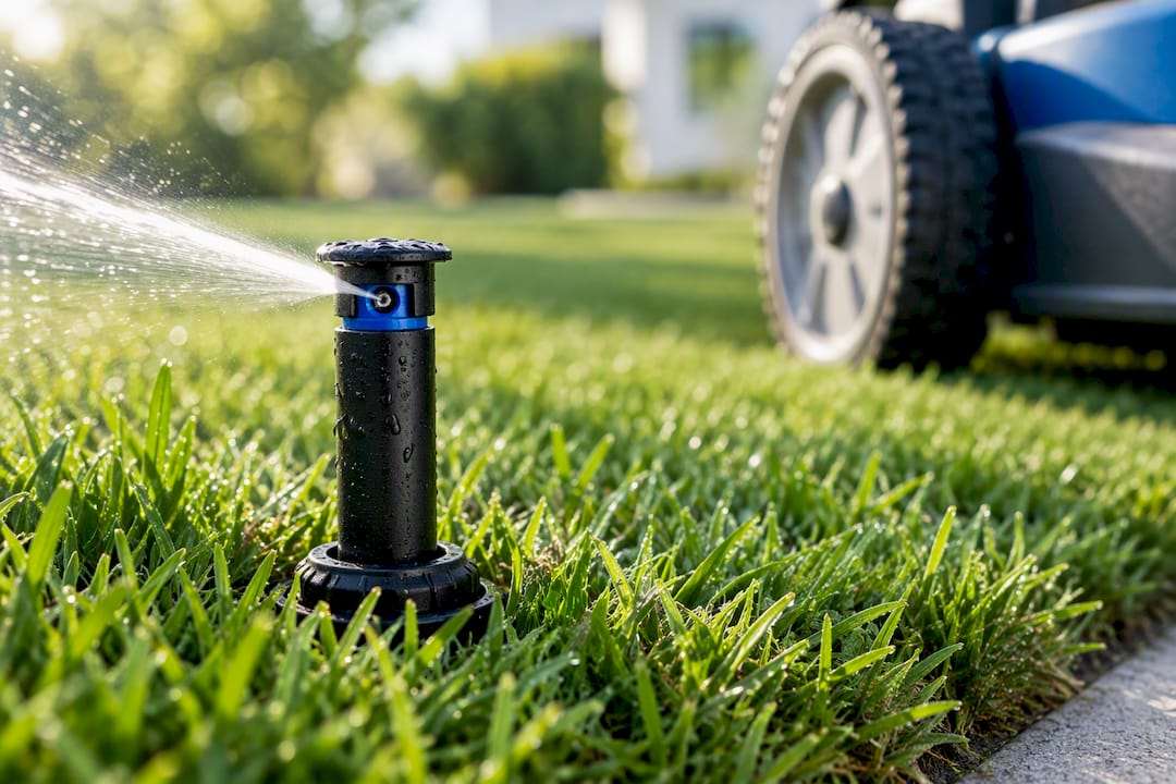 Rotor sprinkler head emerging from lawn