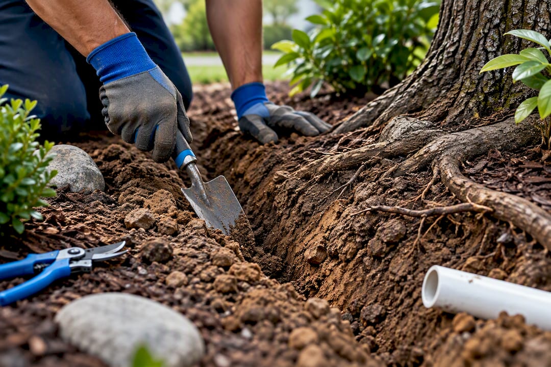 Hand digging irrigation trench in rocky soil