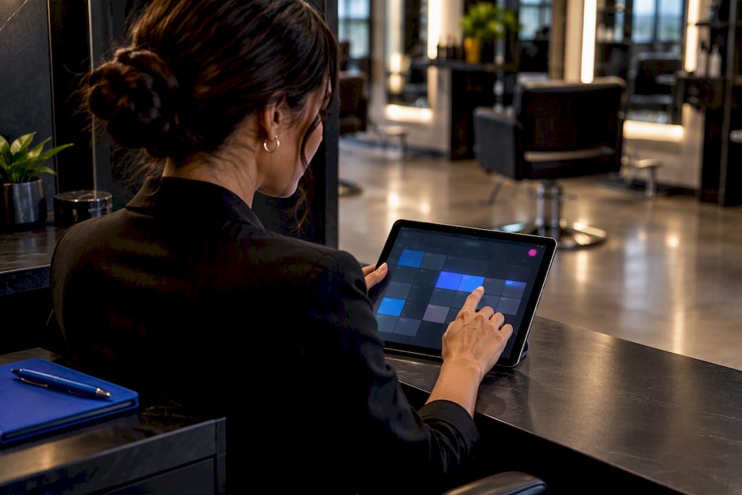 Salon manager reviewing appointment schedule