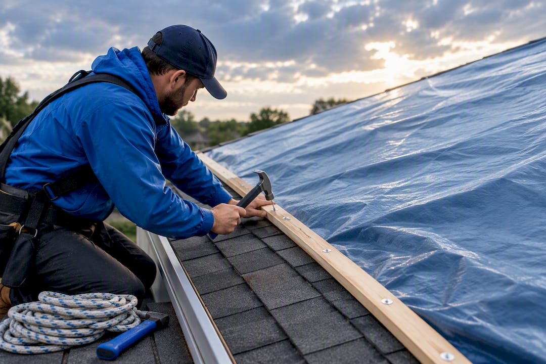Roof tarp secured with wooden batten