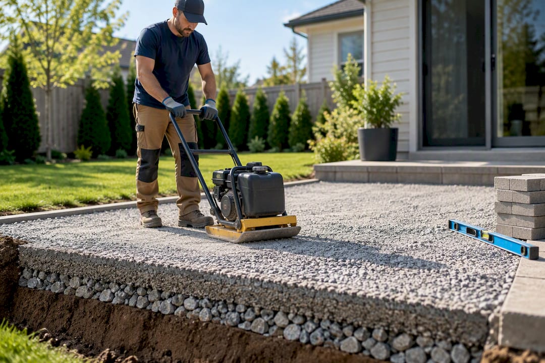 Installer compacting gravel patio base