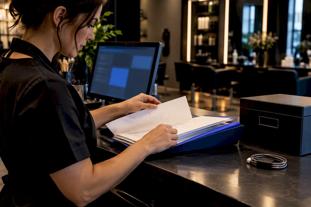 Salon owner reviewing booking data migration