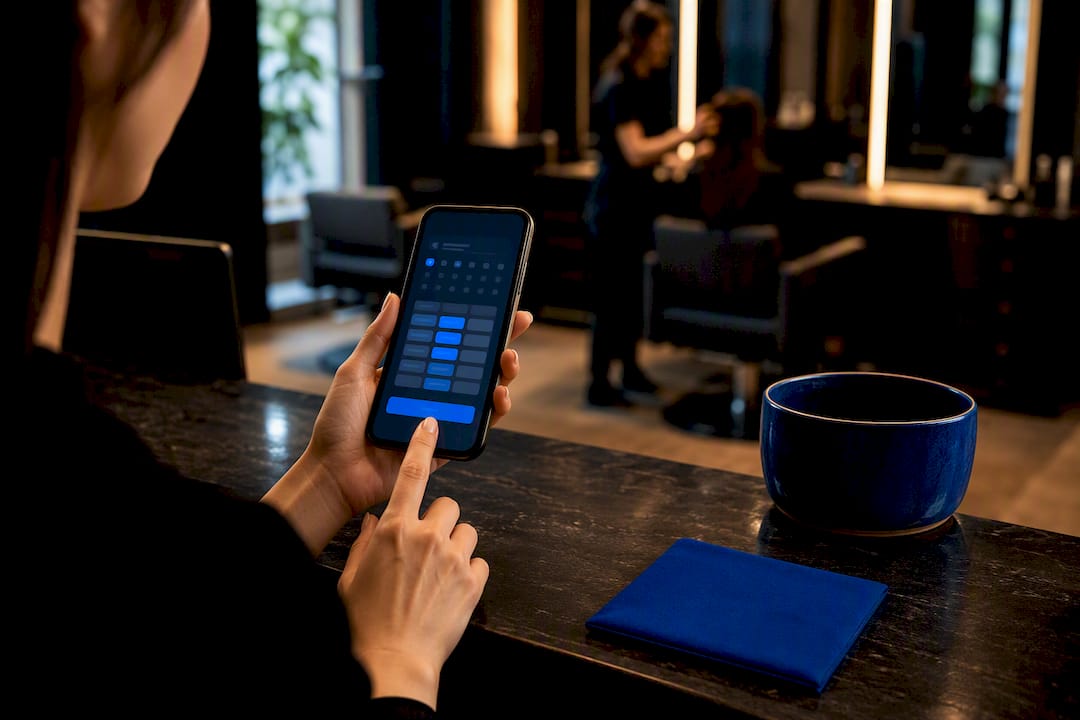 Client selecting salon appointment on phone