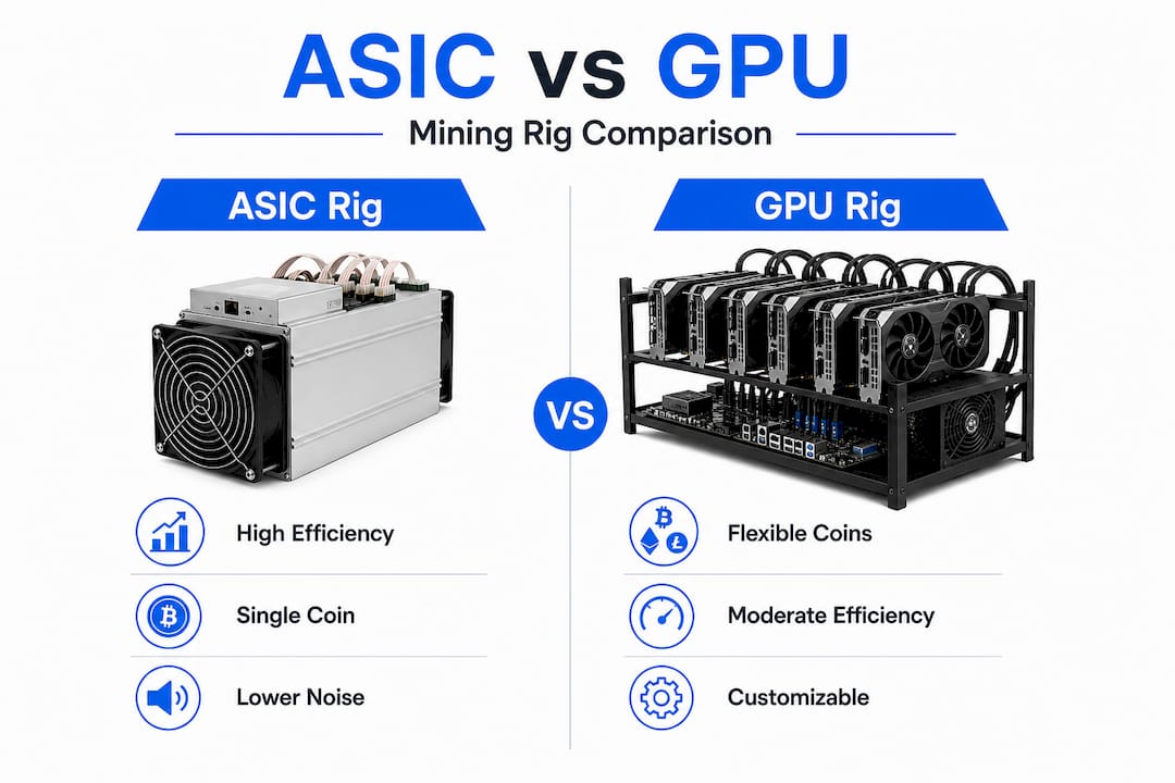Infographic comparing ASIC versus GPU mining rigs