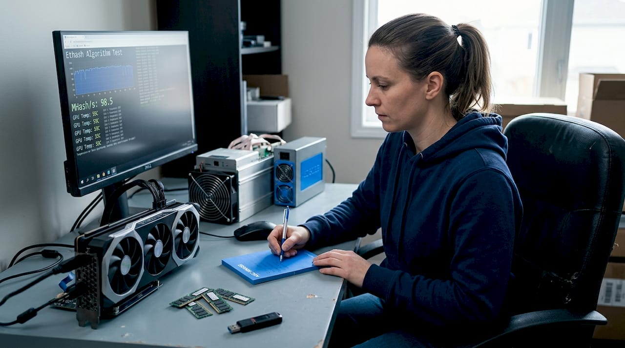Woman testing GPU and ASIC in home office