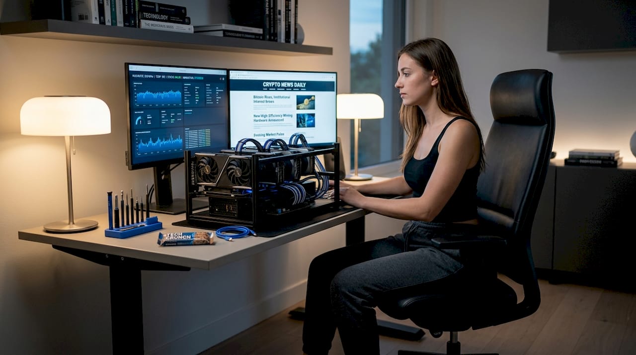 Woman monitoring GPU mining rig setup