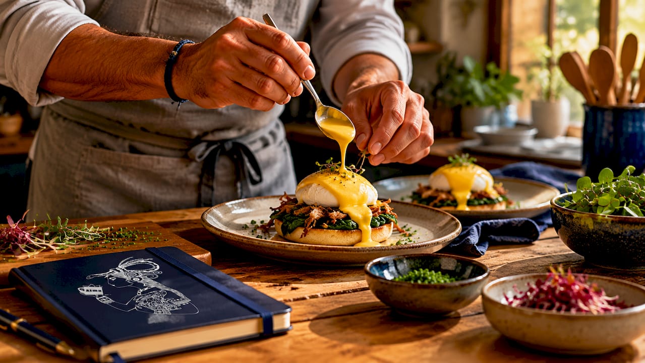 Chef plating eggs Benedict in kitchen