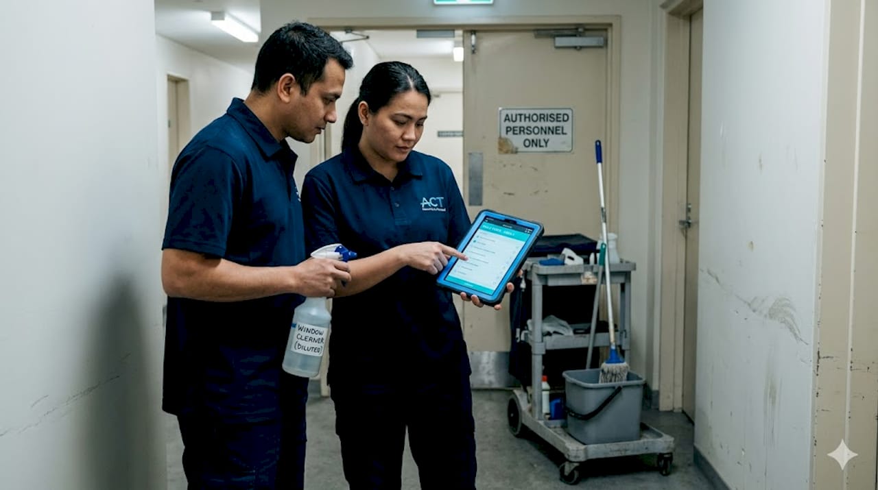 Cleaning staff checking digital checklist in corridor