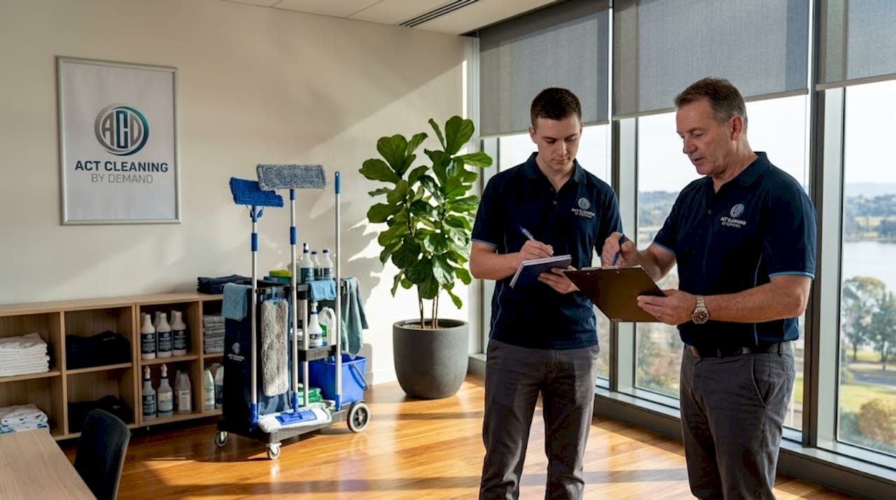 Cleaning manager discussing checklist with subcontractor