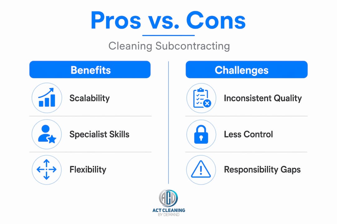 Infographic comparing benefits and challenges of cleaning subcontracting