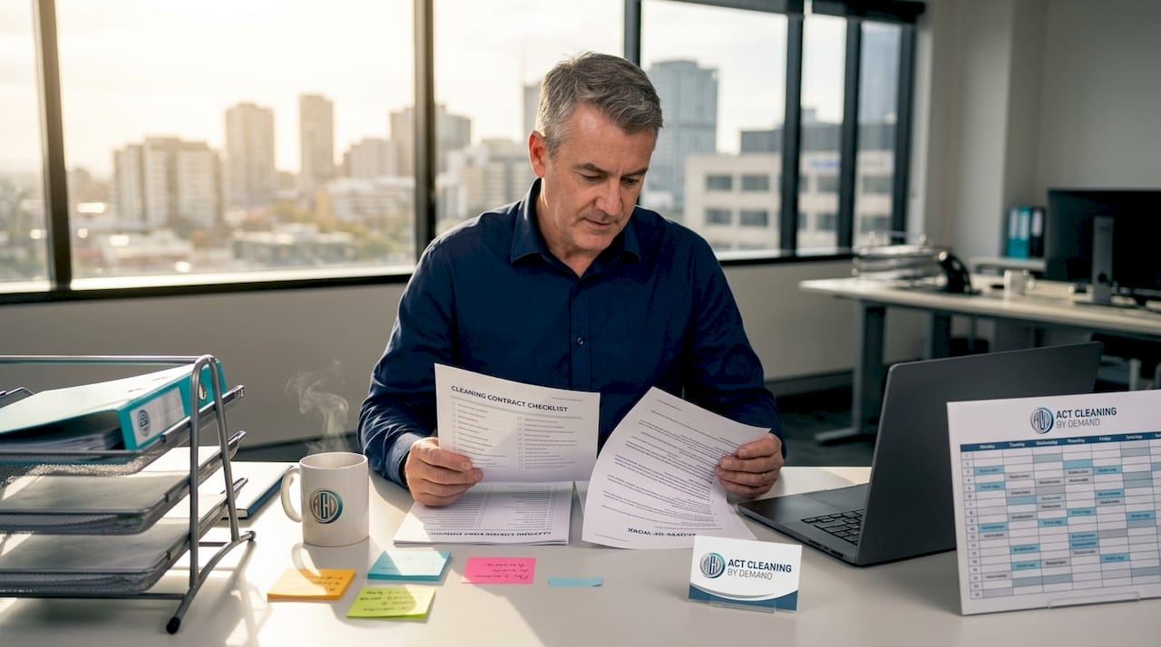 Manager reviews cleaning contract at office desk