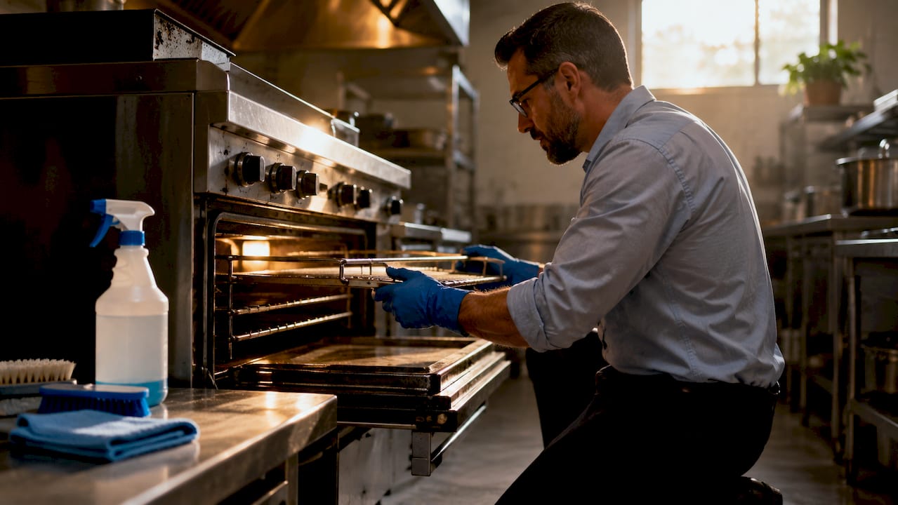 Person removing oven racks in kitchen