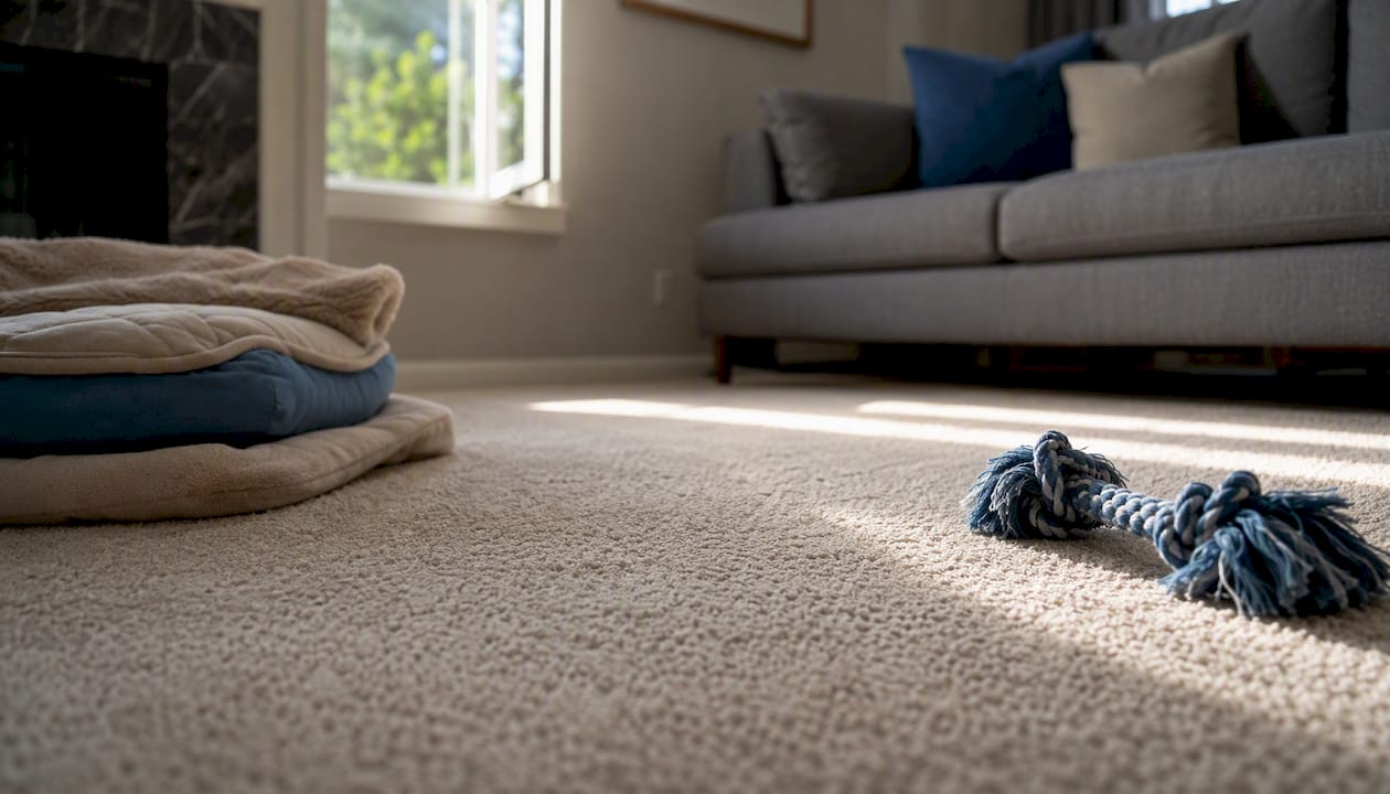 Drying carpet with pet bedding nearby