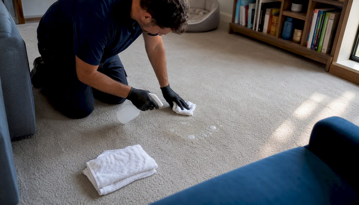 Cleaner applying enzyme treatment on carpet