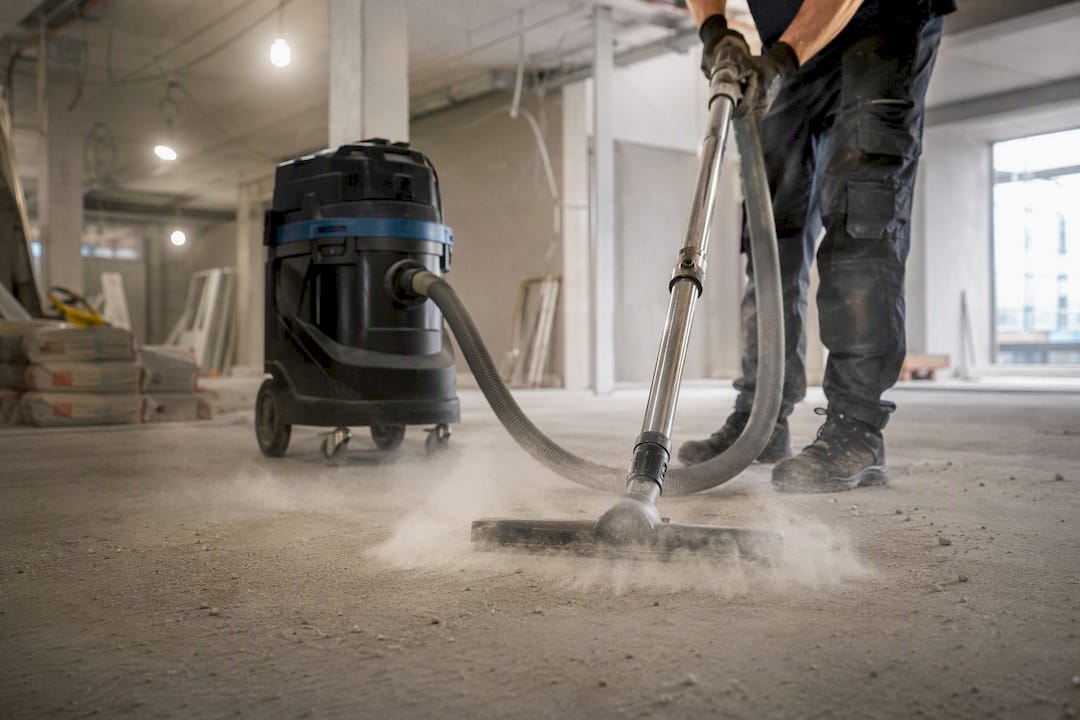 Cleaner using HEPA vacuum on silica dust