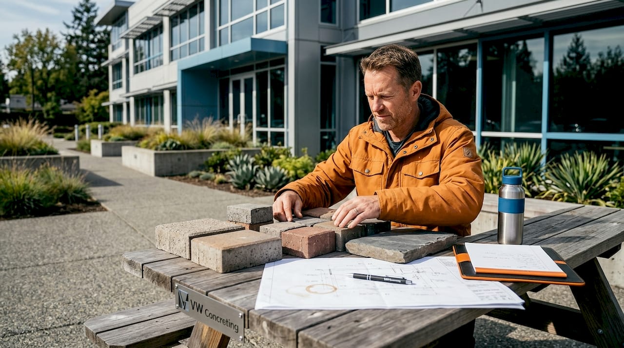 Architect compares hardscape material samples outdoors