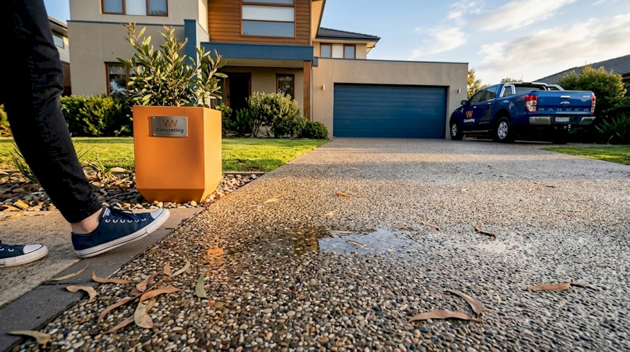 Textured aggregate driveway wet after light rain