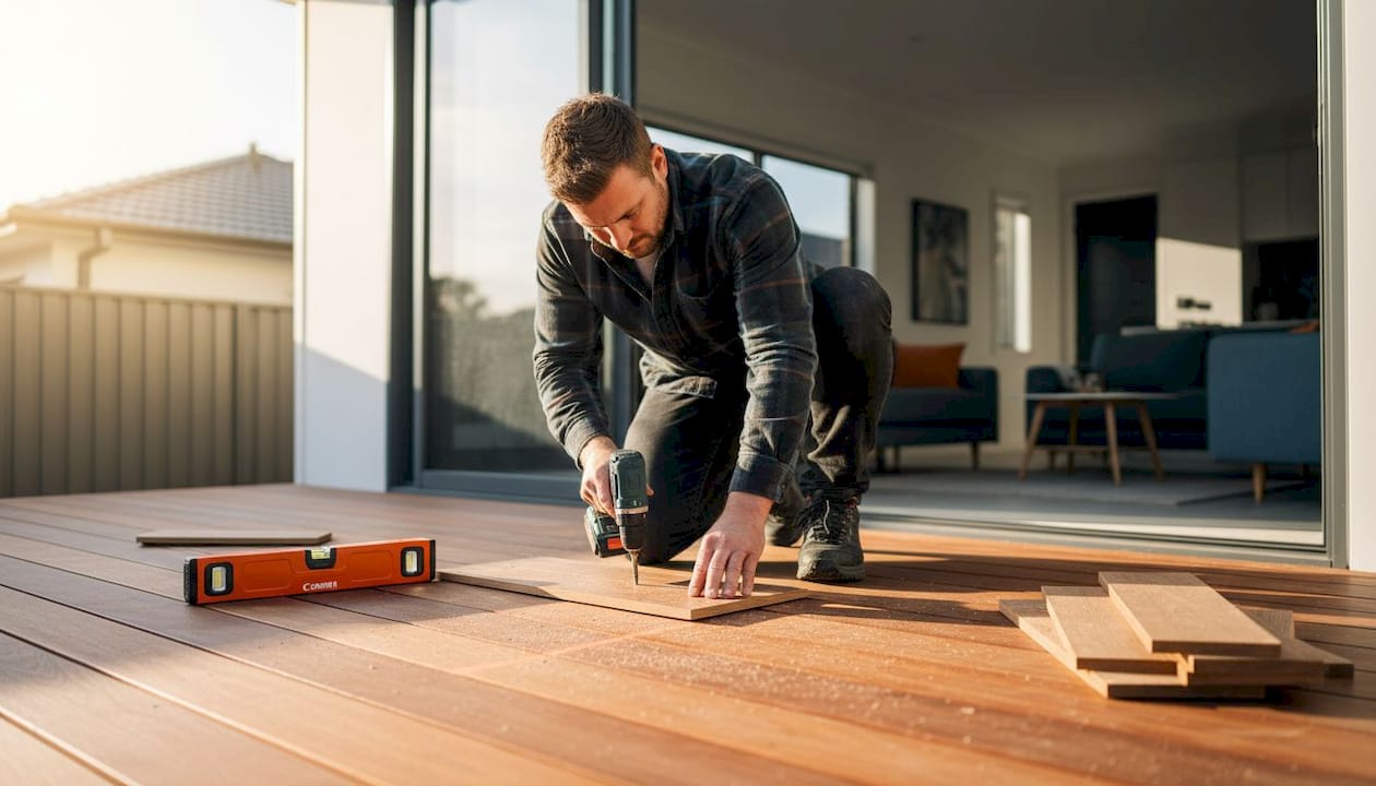 Tradesperson installing timber deck outdoors
