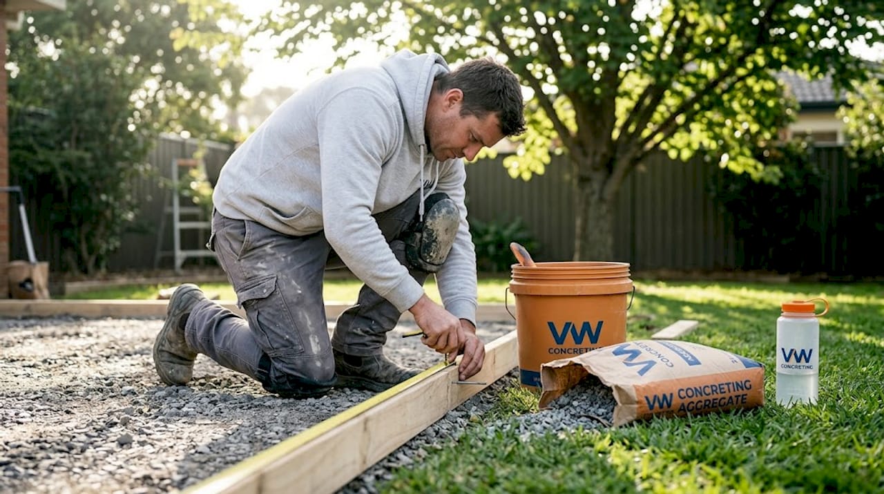 Worker measuring compacted rock base for concrete