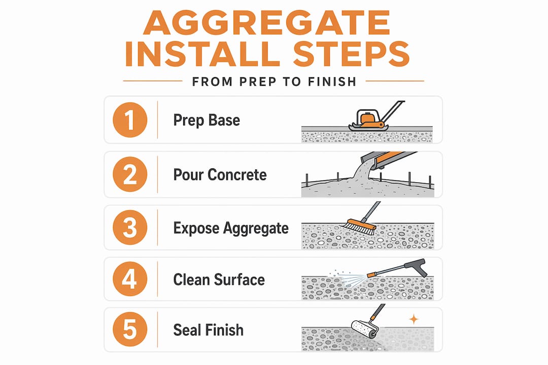 Infographic showing steps of exposed aggregate installation