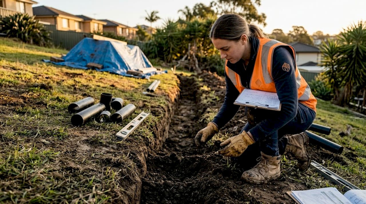 Engineer assessing backyard soil and drainage
