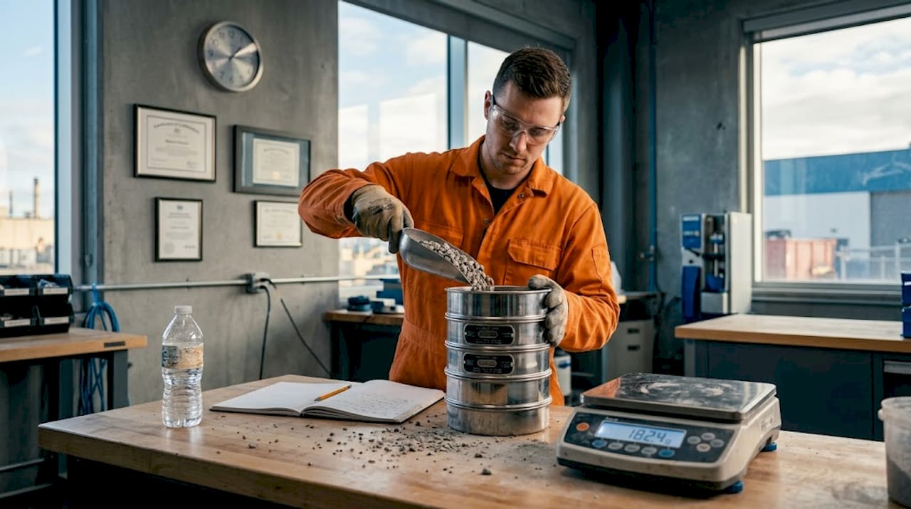 Technician conducting aggregate grading test in lab